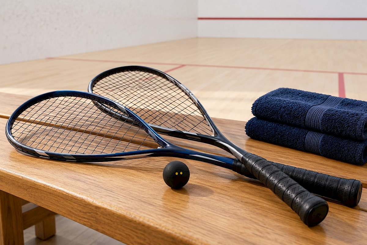 Two squash rackets and a double-yellow-dot ball beside folded towels