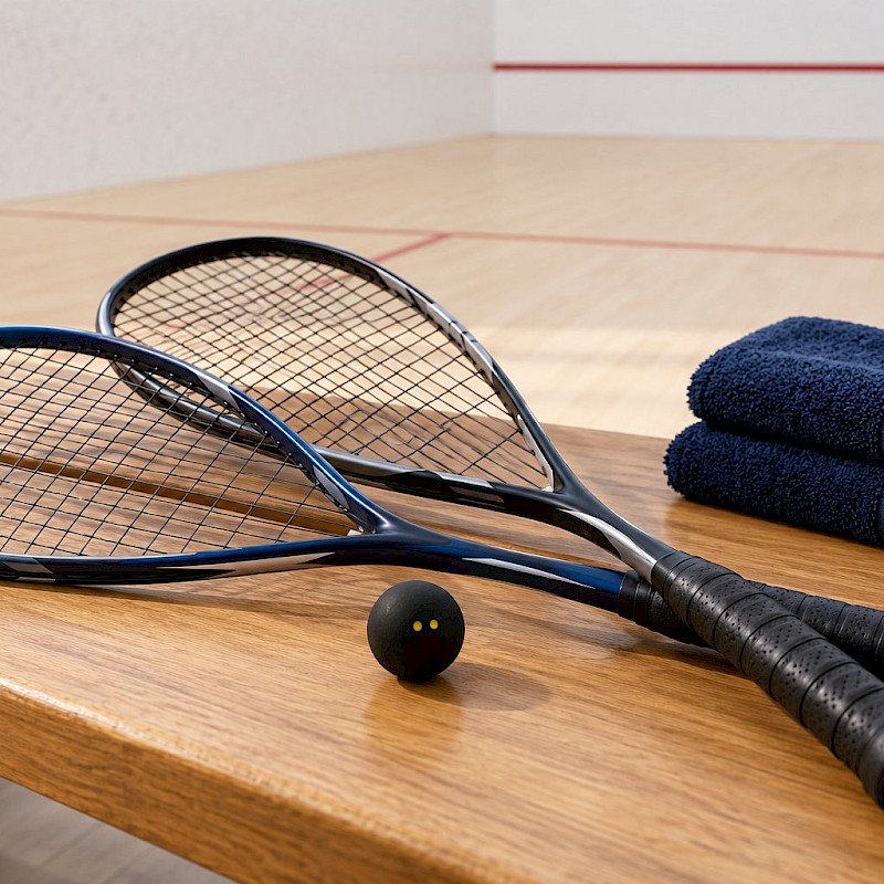 Two squash rackets and a double-yellow-dot ball beside folded towels