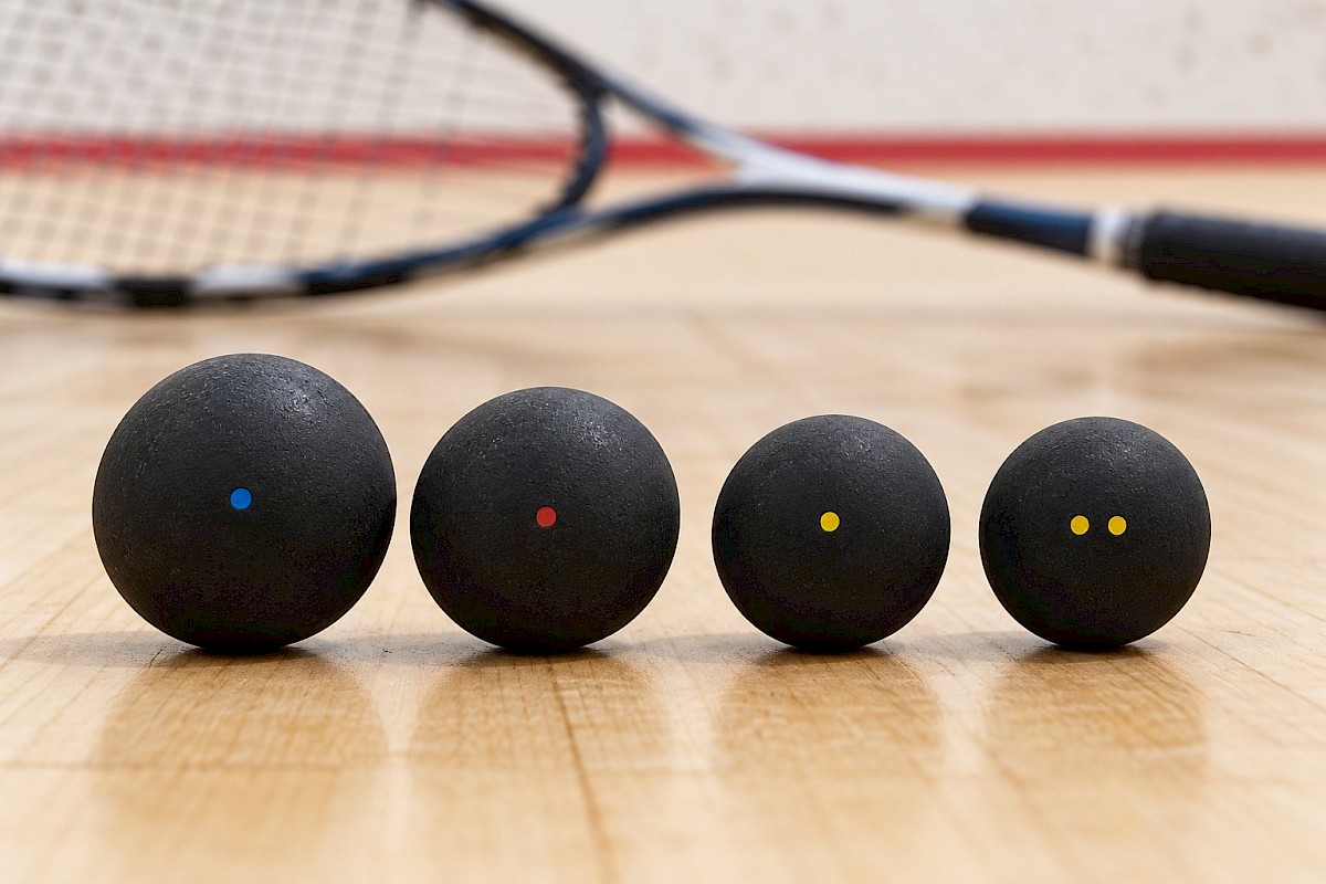 Four squash balls marked with blue, red, single yellow and double yellow dots