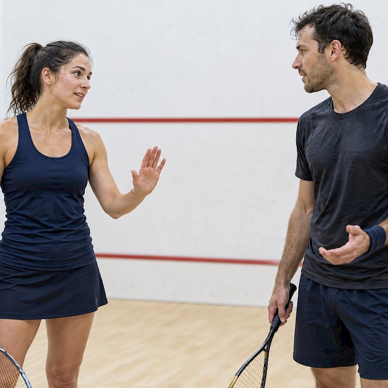 Two squash players pausing safely to discuss an interference decision
