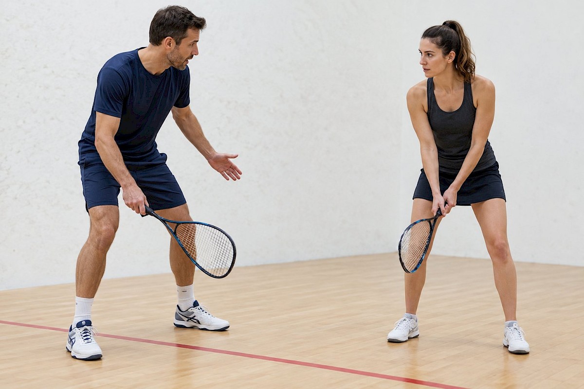 A squash coach demonstrating a ready stance to an adult beginner