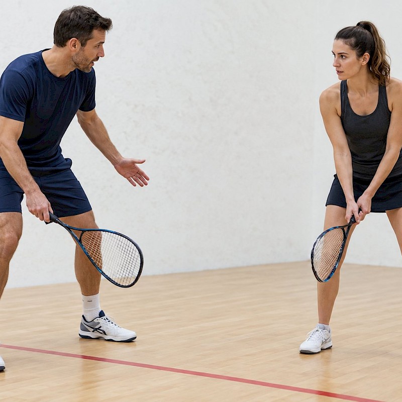A squash coach demonstrating a ready stance to an adult beginner