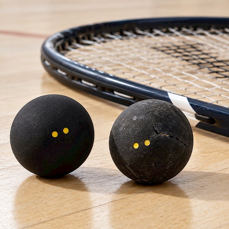 A new squash ball beside a worn ball with a small split in its rubber