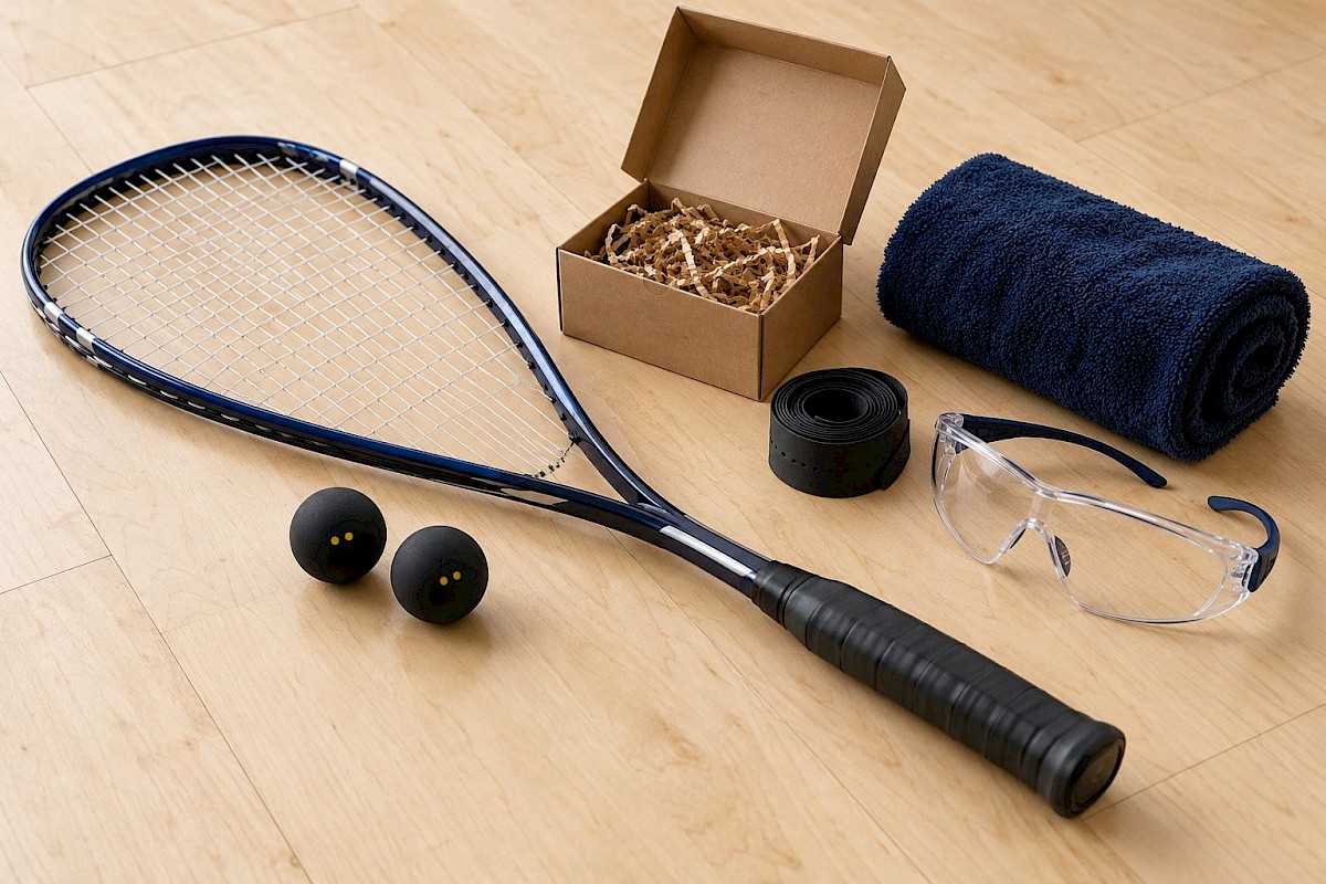Squash racket, balls, towel, grip and protective eyewear arranged with a small gift box
