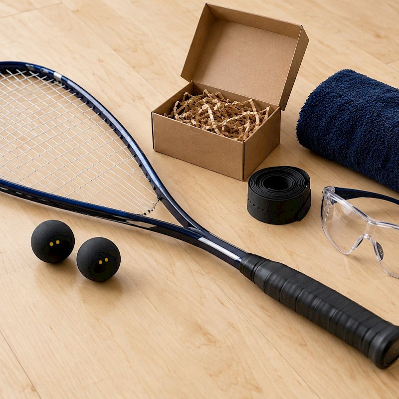Squash racket, balls, towel, grip and protective eyewear arranged with a small gift box